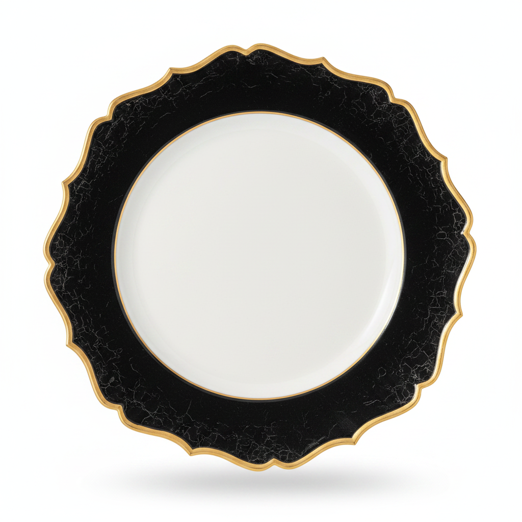 Plato Base Flor Negro Filo Dorado