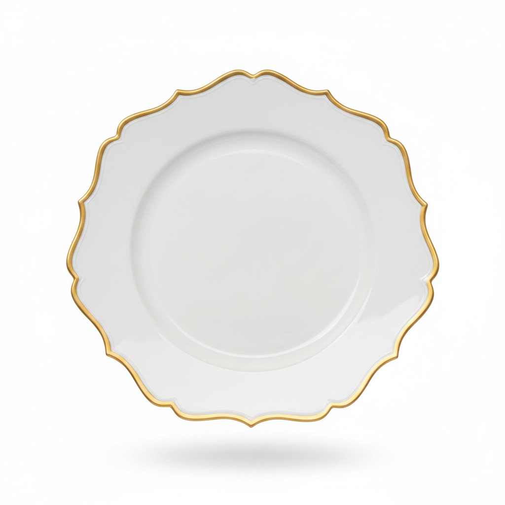 Plato Base Flor Blanco Filo Dorado